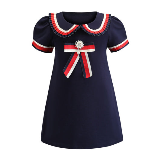 Girls Lapel Bow Dress