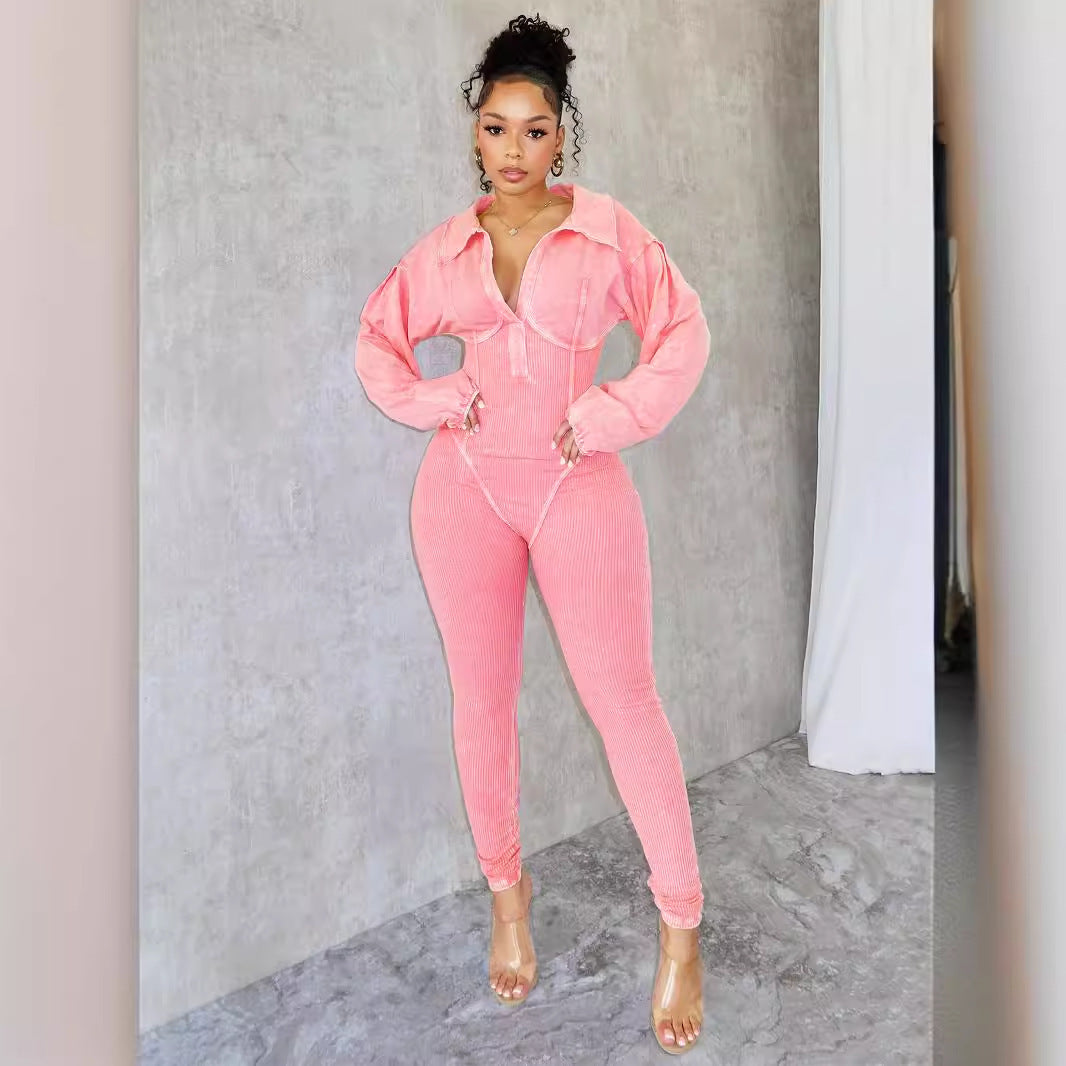 Women's Distressed  V Tight  Jumpsuit