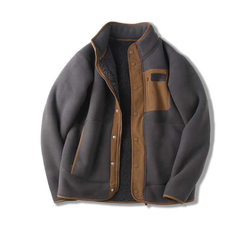 Fleece-Lined Thickened Stand Collar Pocket Jacket For Men