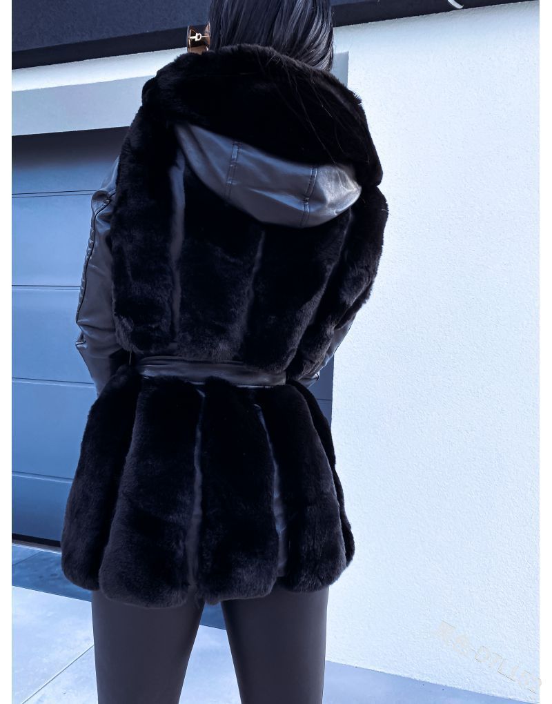 Fur Belt Hooded Zipper Jacket