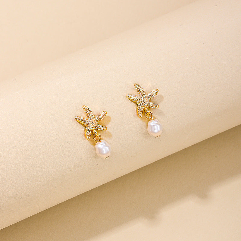 Metal Starfish Pearl Tassel Women's Earrings