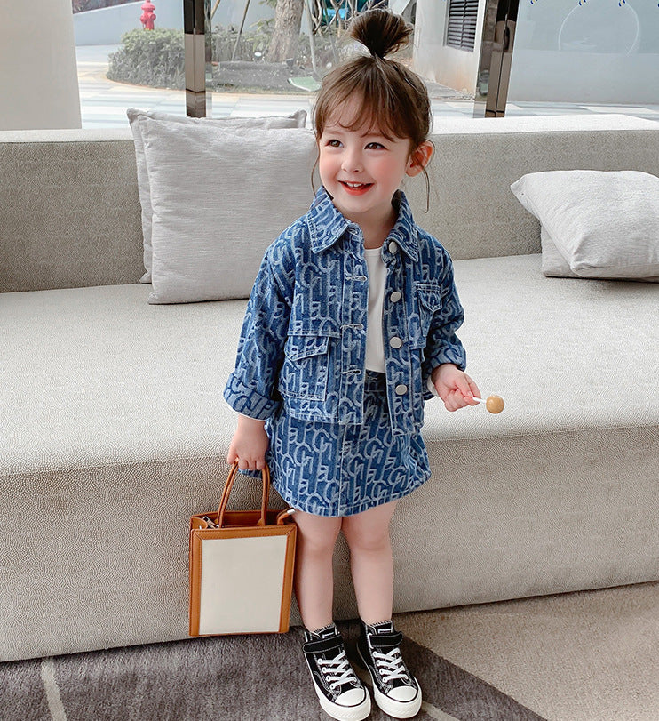Girls 2 Pc Denim Skirt Suit