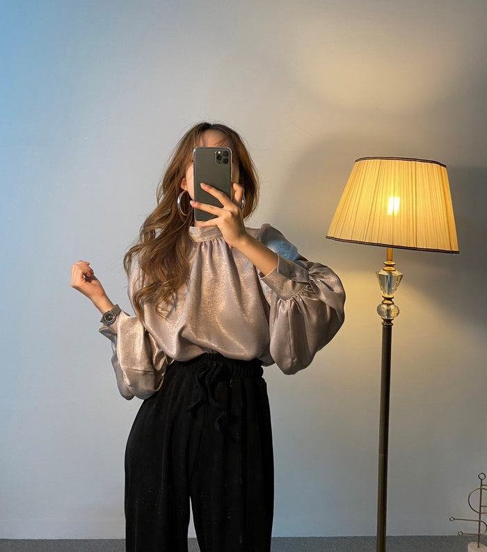 Elegant Satin Balloon Sleeve Blouse