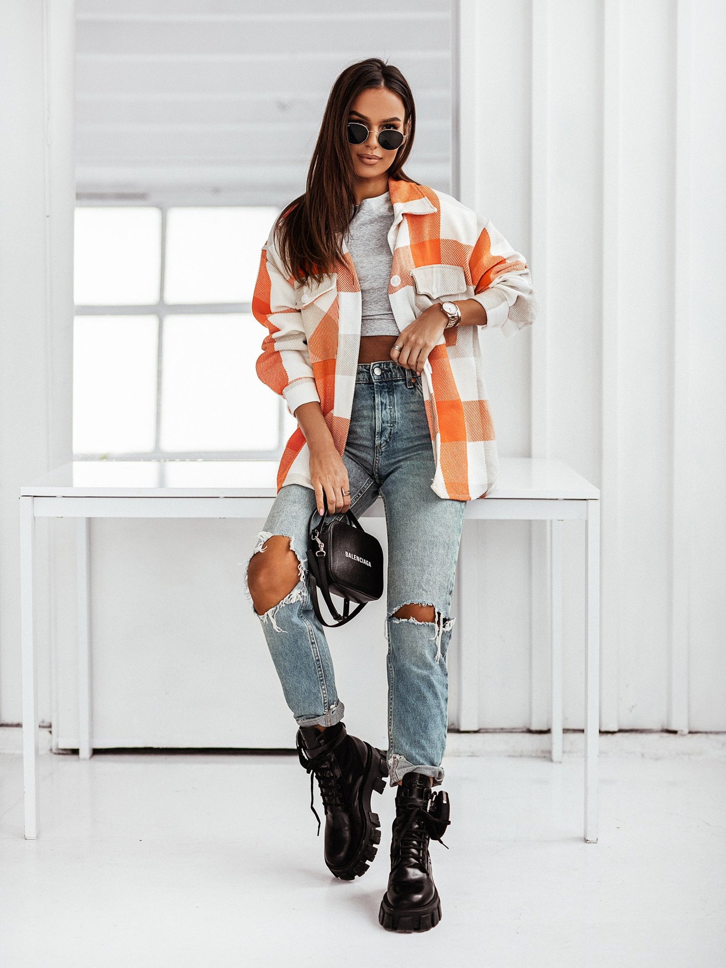 Women's Brushed Woolen Plaid Coat