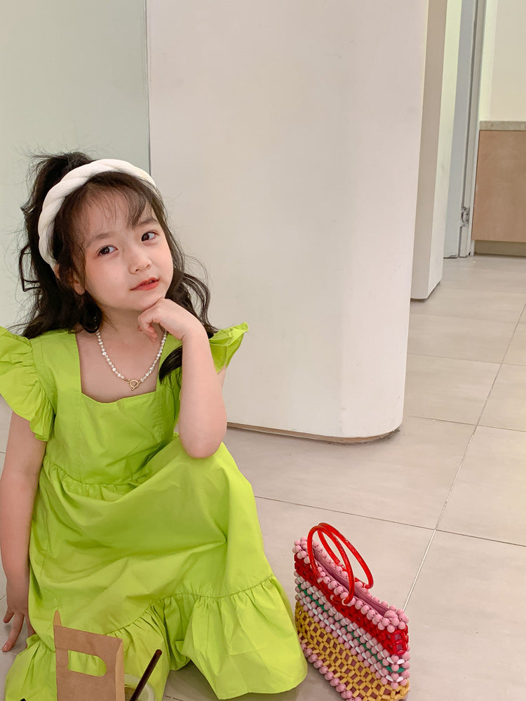 Girls Flounced Sleeve Ruffles Bow Dress