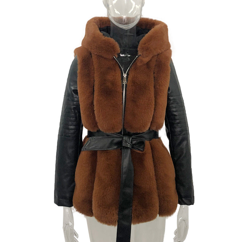 Fur Belt Hooded Zipper Jacket