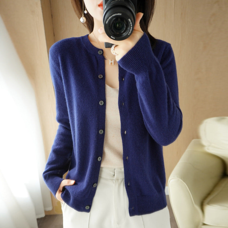 Backed Round Neck Knitted Cardigan For Women