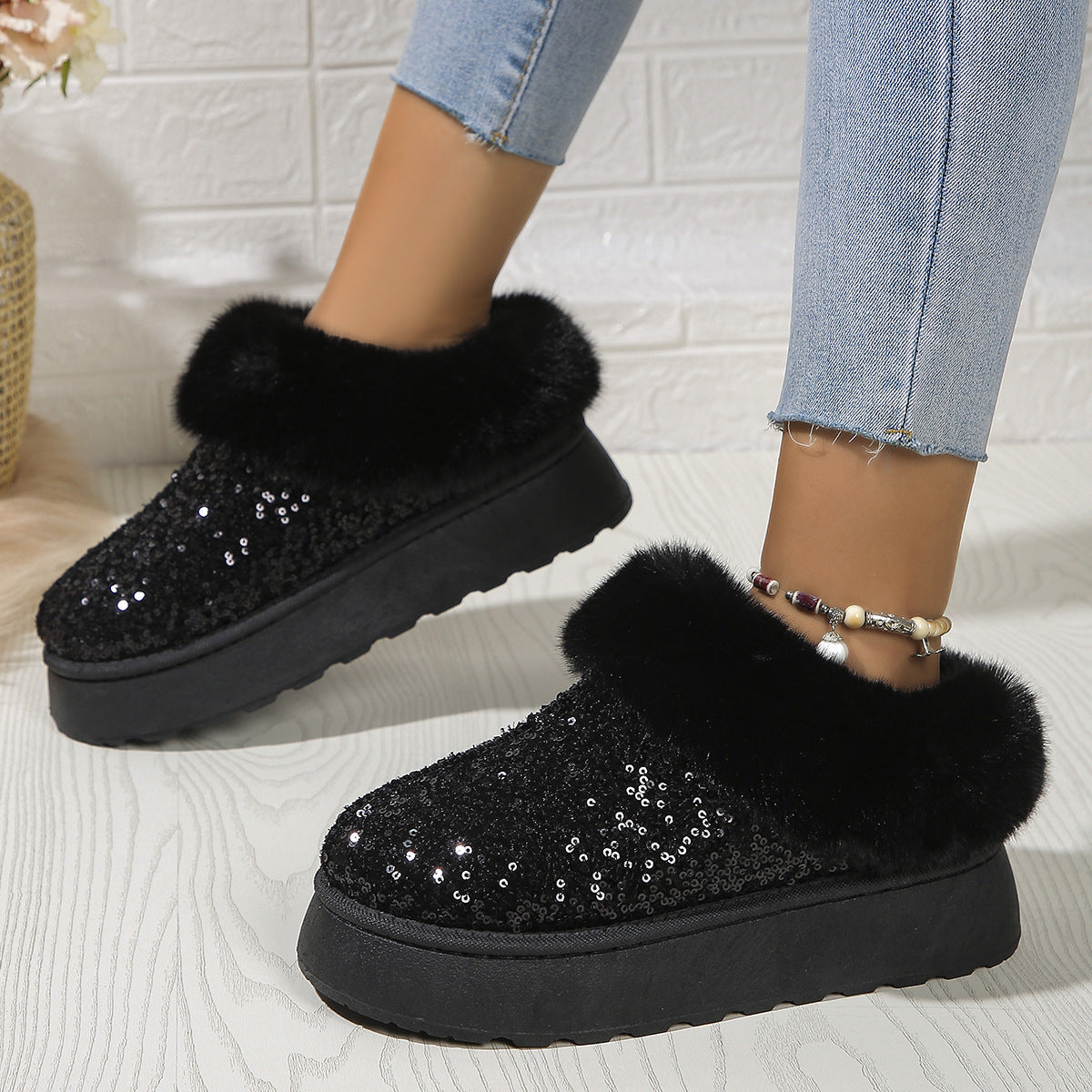 Sequined Plush Slippers