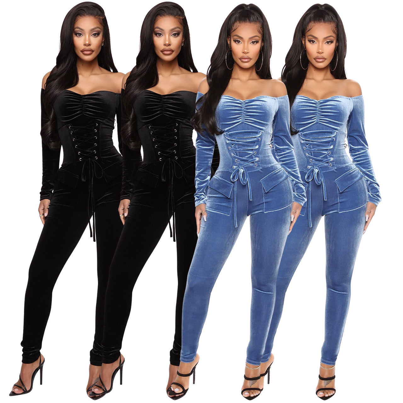 Velvet Off-the-shoulder Fitted Jumpsuit