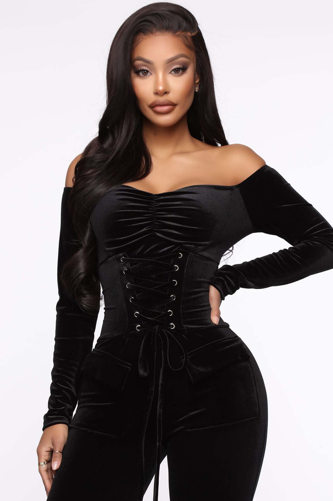 Velvet Off-the-shoulder Fitted Jumpsuit