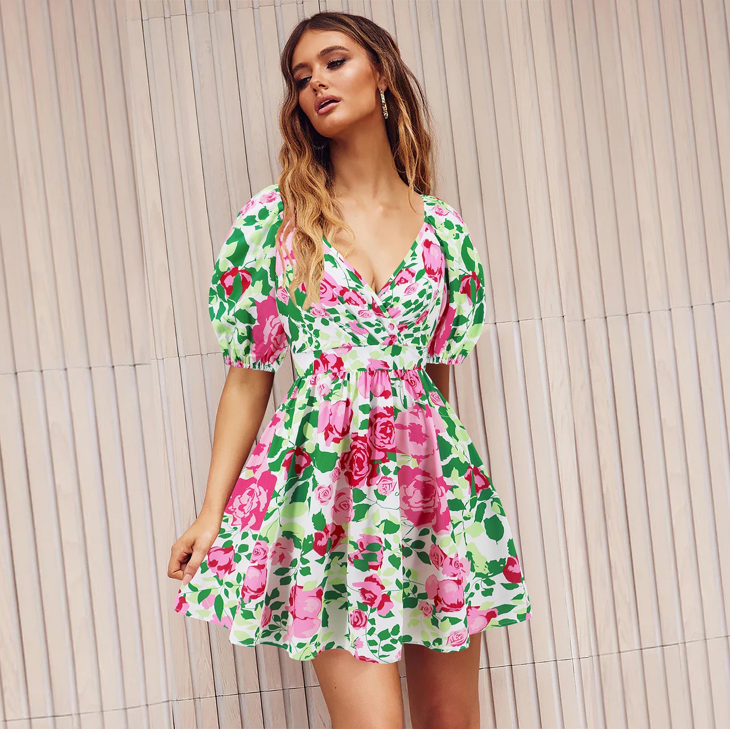 Printed V-Neck  Beach  Dress