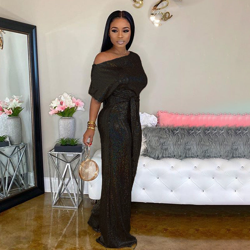 Ladies Off-the-shoulder Sequined Jumpsuit
