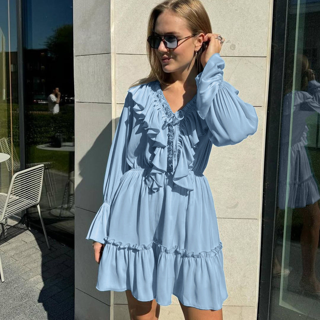 V-Neck  Ruffled Sleeve Dress