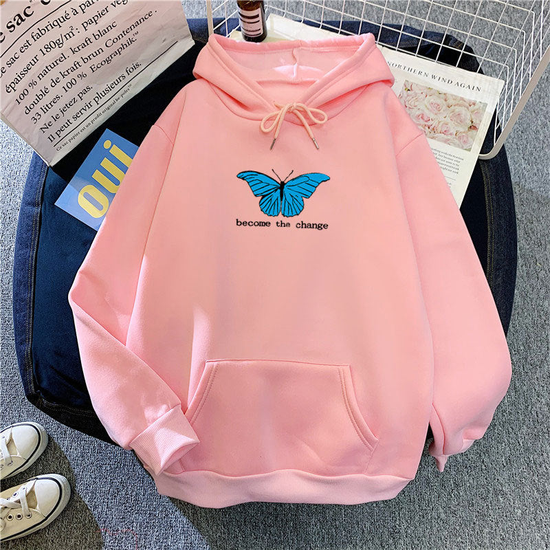 Single Butterfly Autumn And Winter Loose Hoodie For Women
