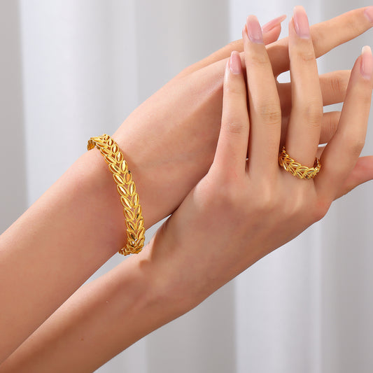 2Pcs 18k Gold Plated Wheat Ear Bracelet Set