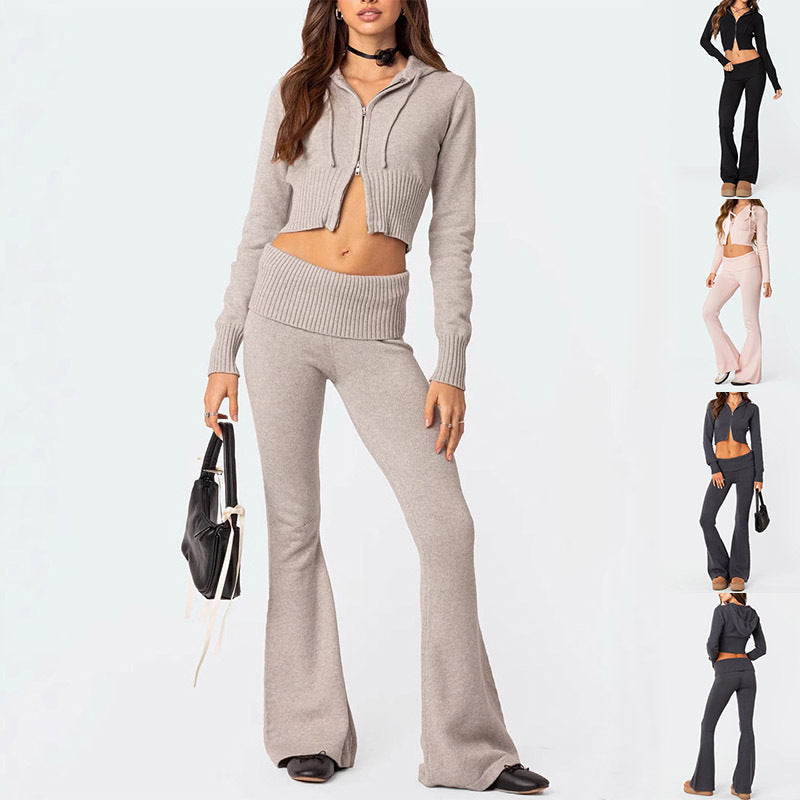 Ladies Knitted Hooded 2 Pcs Suit