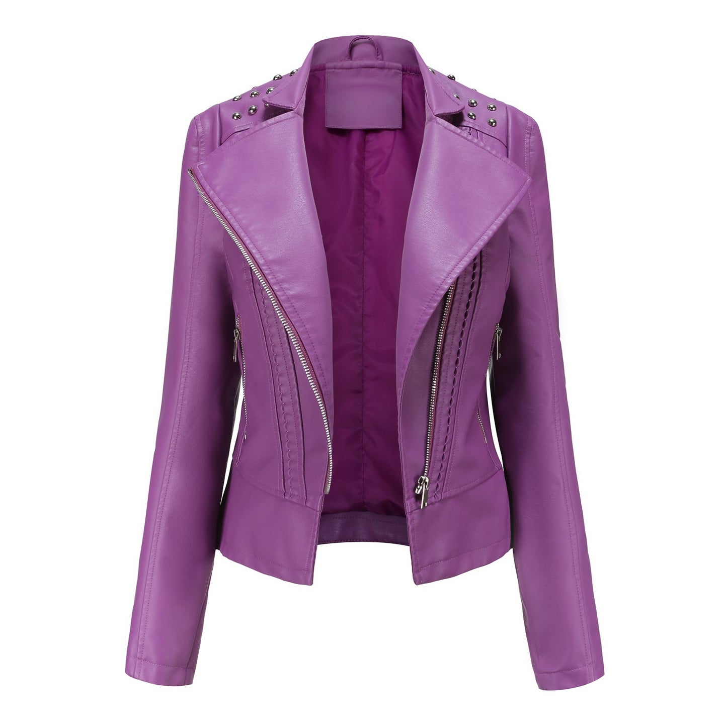 Beaded Leather Long-Sleeved Motorcycle Jacket