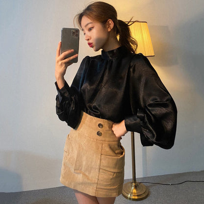Elegant Satin Balloon Sleeve Blouse