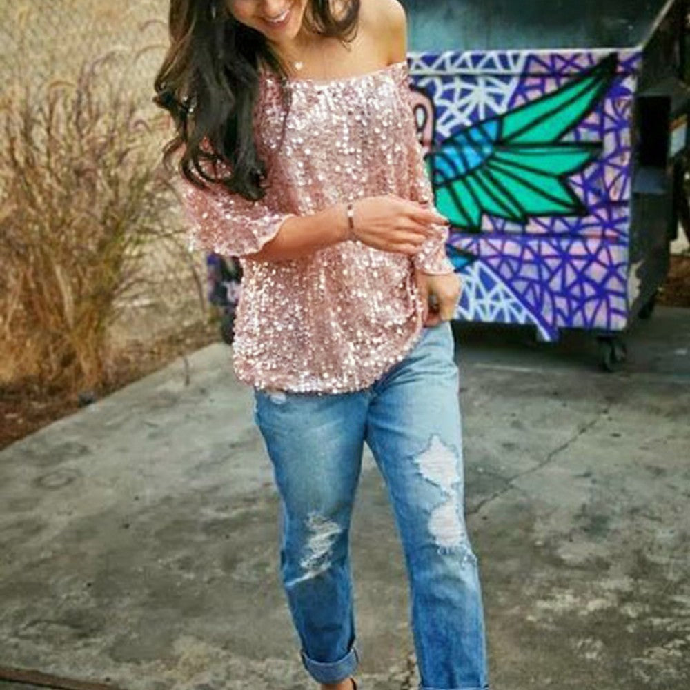 Women's Loose Off-the Shoulder Sequin Blouse