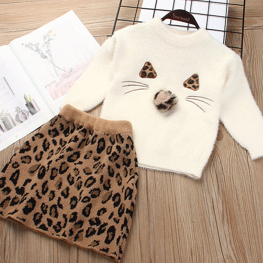 Girl's Knitted Leopard Print 2 Pcs