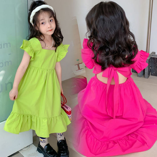 Girls Flounced Sleeve Ruffles Bow Dress