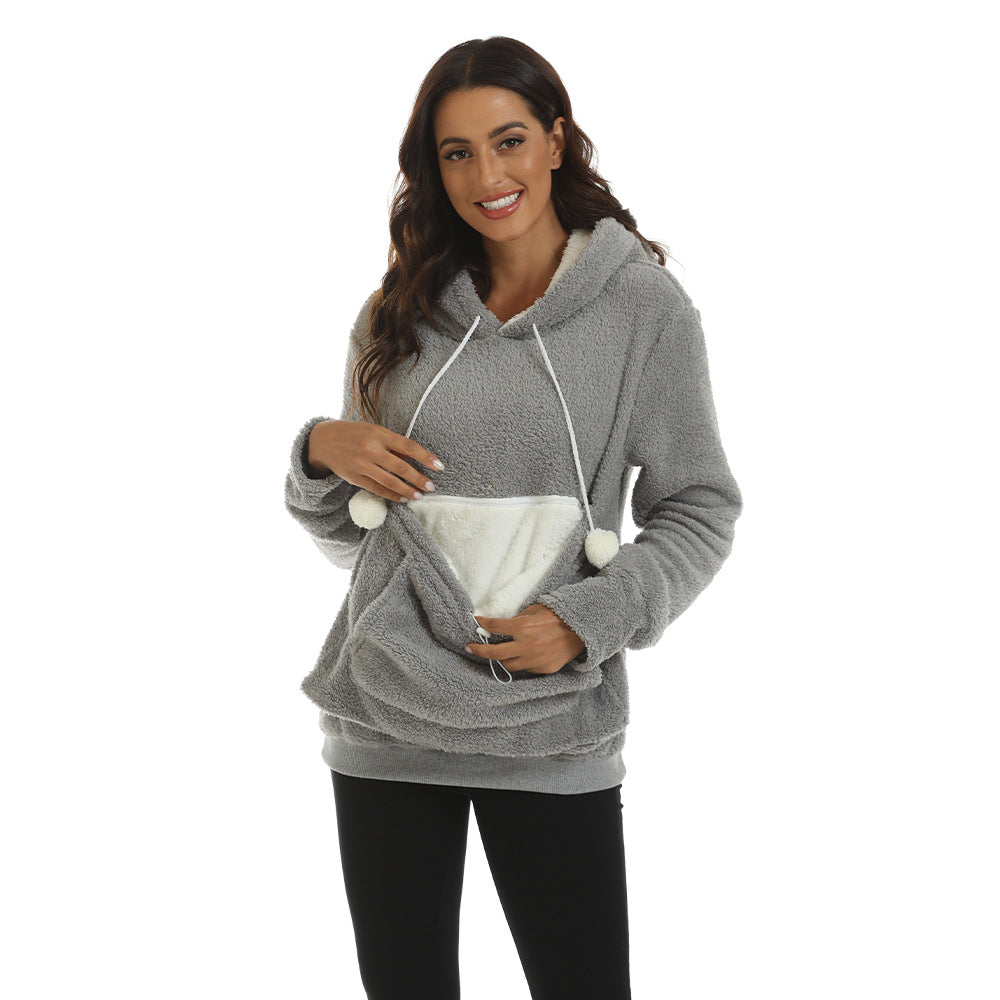 Large Pocket Solid Color Hoodie For Women