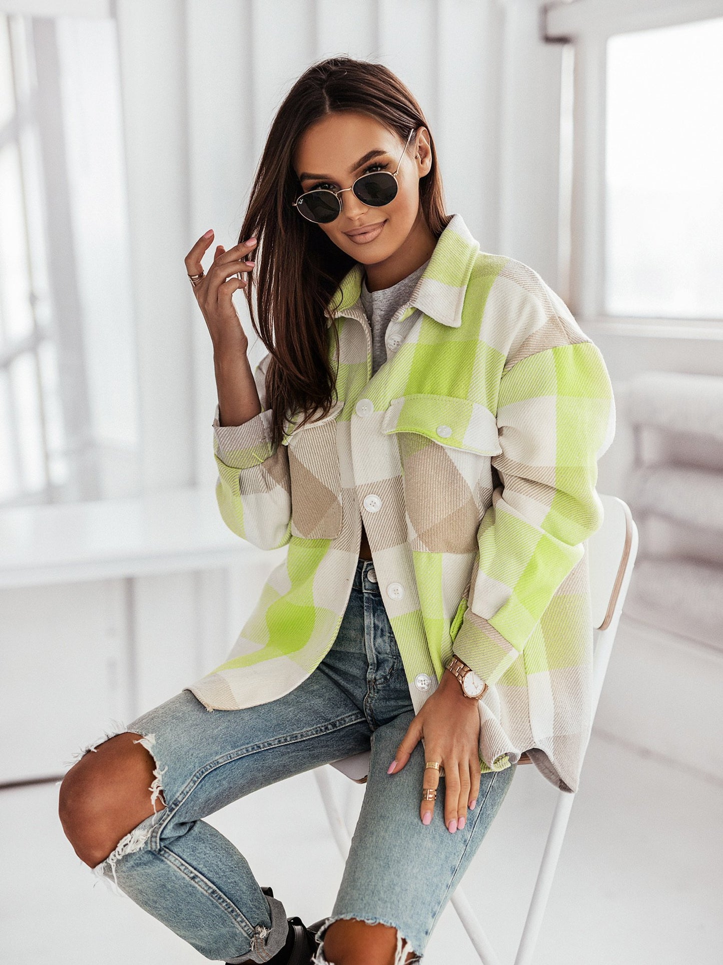 Women's Brushed Woolen Plaid Coat