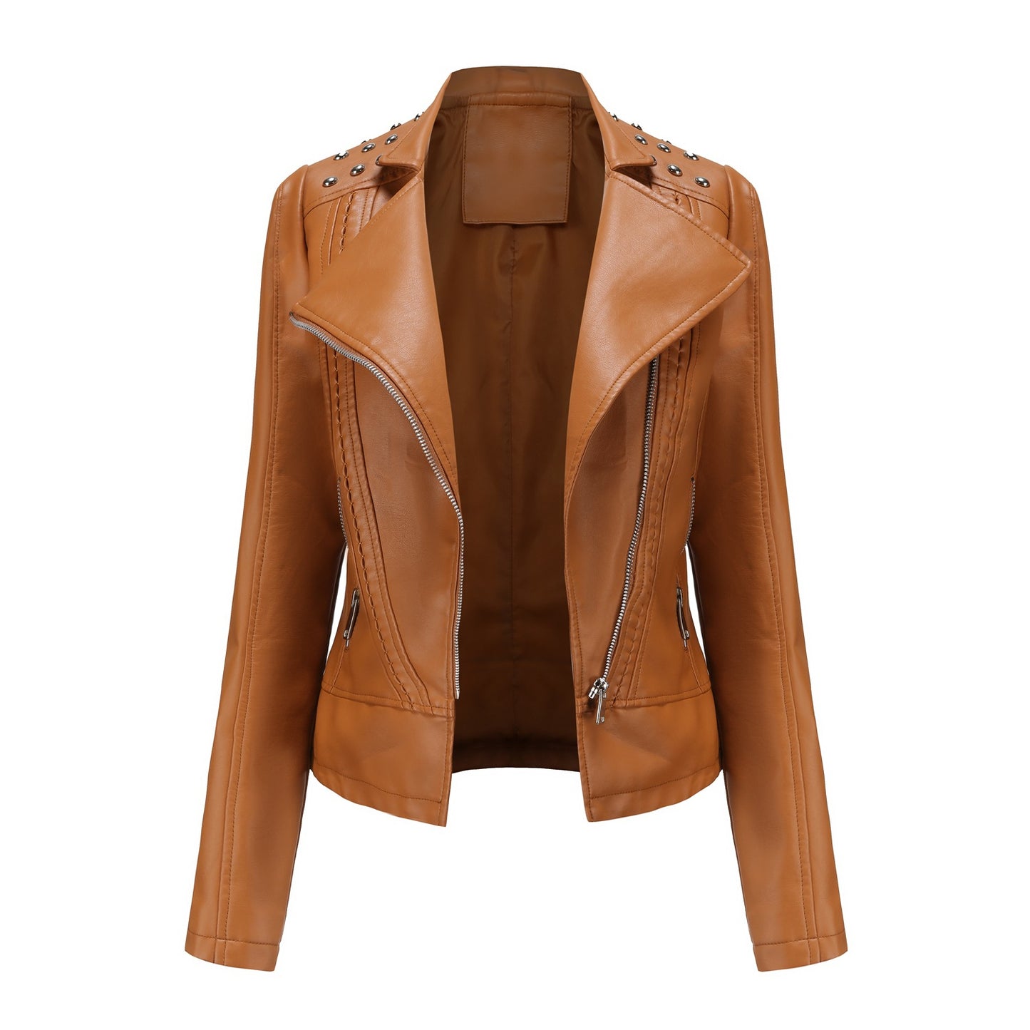 Beaded Leather Long-Sleeved Motorcycle Jacket