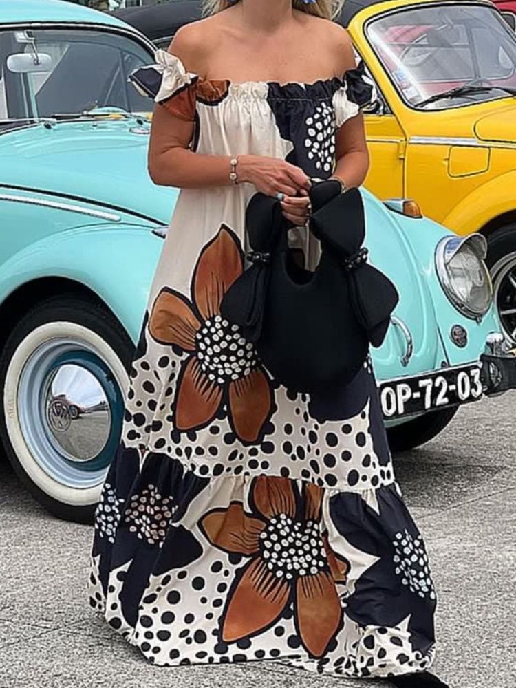 Off-The-Shoulder Long Printed  Dress