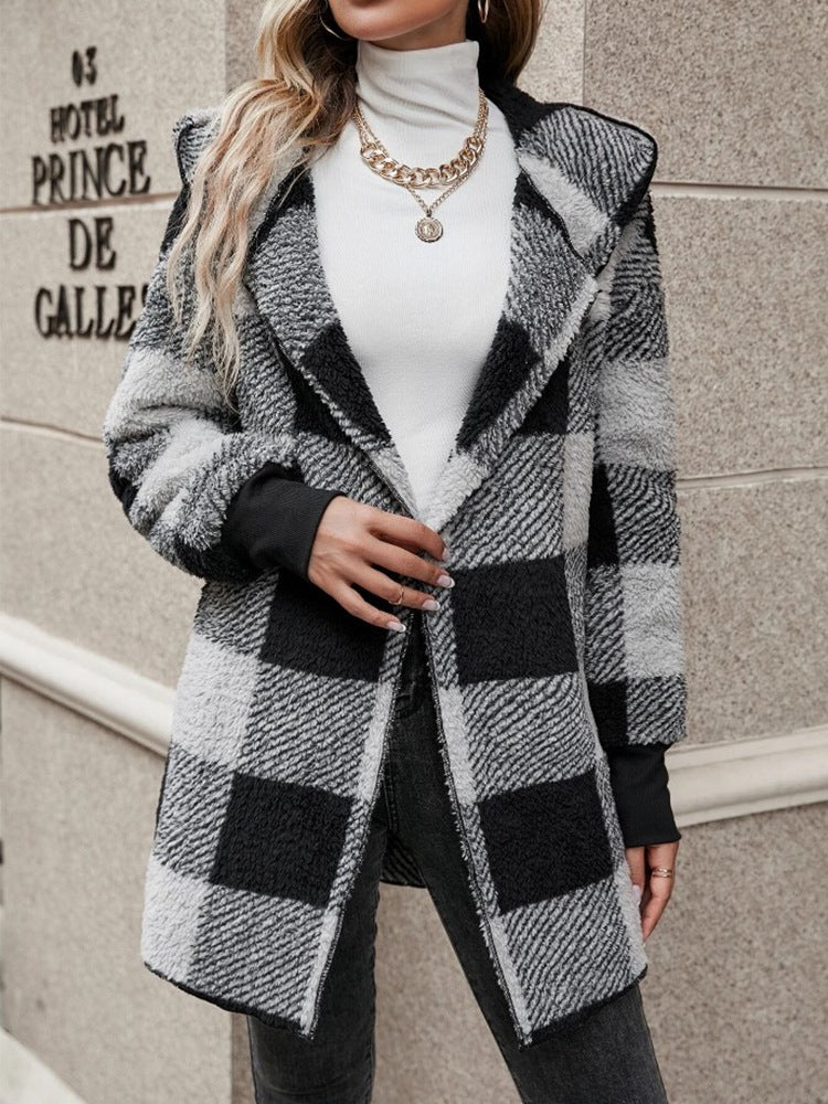 Loose Plaid Wool Long Cardigan For Women