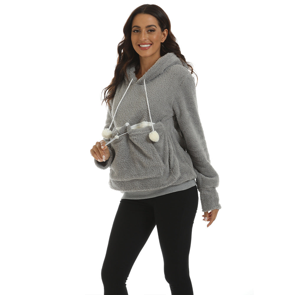 Large Pocket Solid Color Hoodie For Women