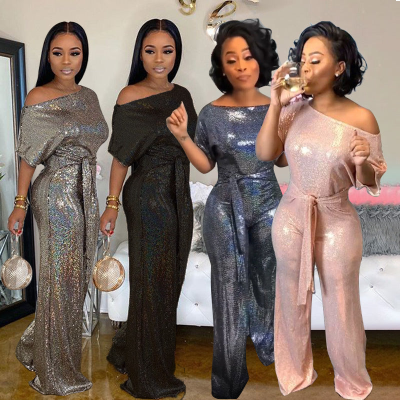 Ladies Off-the-shoulder Sequined Jumpsuit