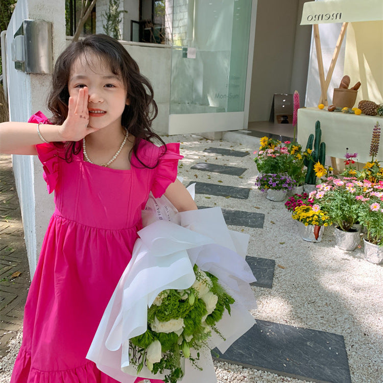 Girls Flounced Sleeve Ruffles Bow Dress