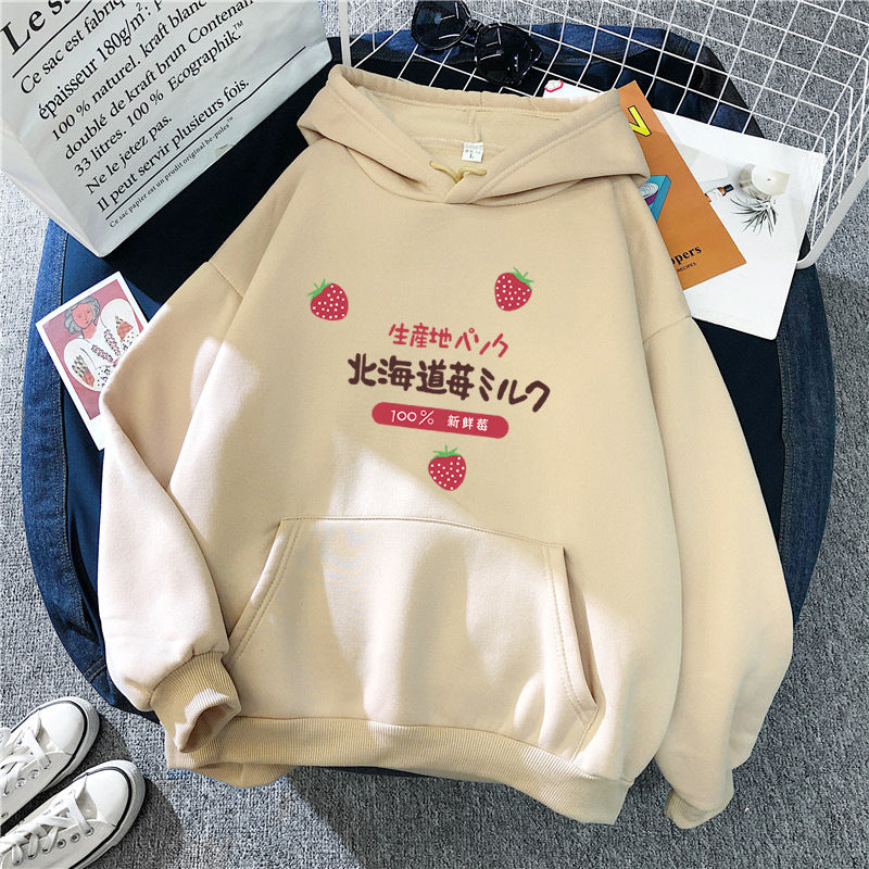 Candy Color Strawberry Print Hoodie For Women