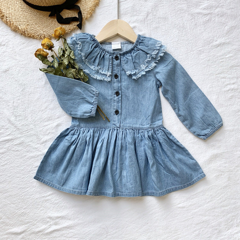 Girl's Denim Dress with Lotus Collar