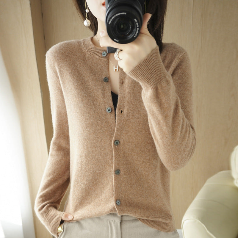 Backed Round Neck Knitted Cardigan For Women
