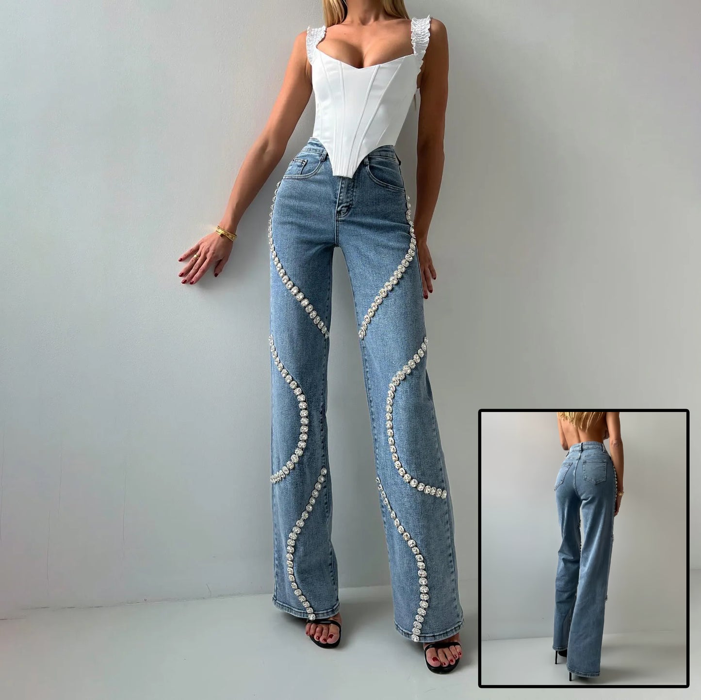 Straight Leg Rhinestone Denim Pants