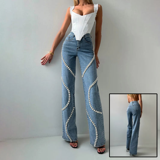 Straight Leg Rhinestone Denim Pants