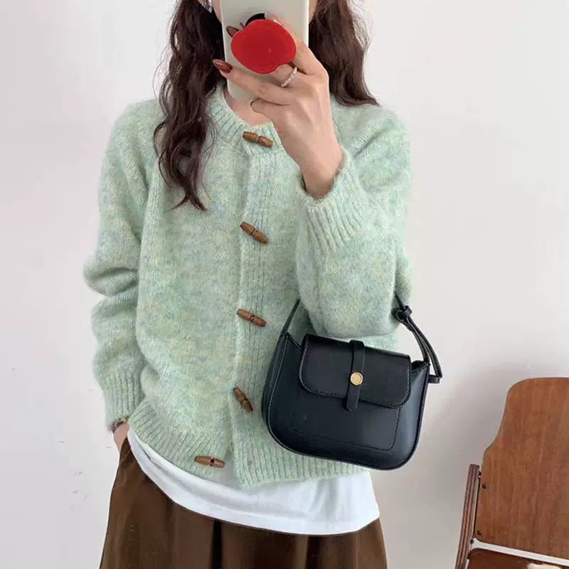 Loose Soft Cover Horn Button Knitted Cardigan For Women