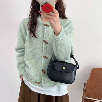 Loose Soft Cover Horn Button Knitted Cardigan For Women