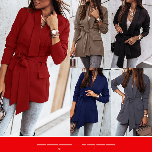 Trendy Fitted  Tie Waist Blazer