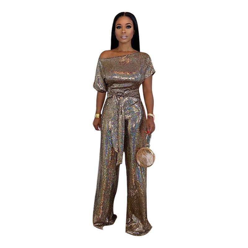 Ladies Off-the-shoulder Sequined Jumpsuit