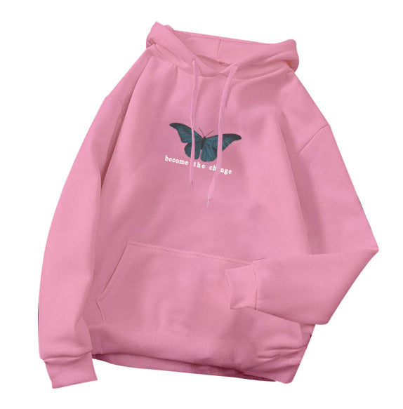 Single Butterfly Autumn And Winter Loose Hoodie For Women