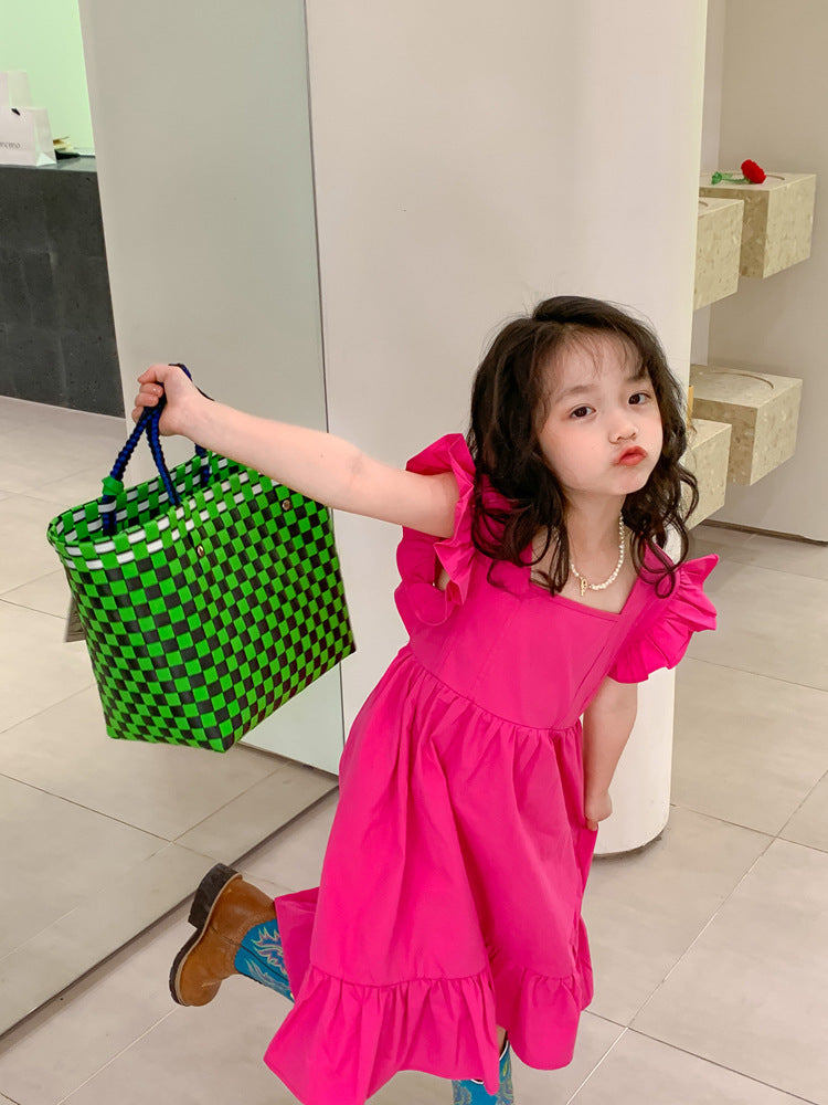 Girls Flounced Sleeve Ruffles Bow Dress