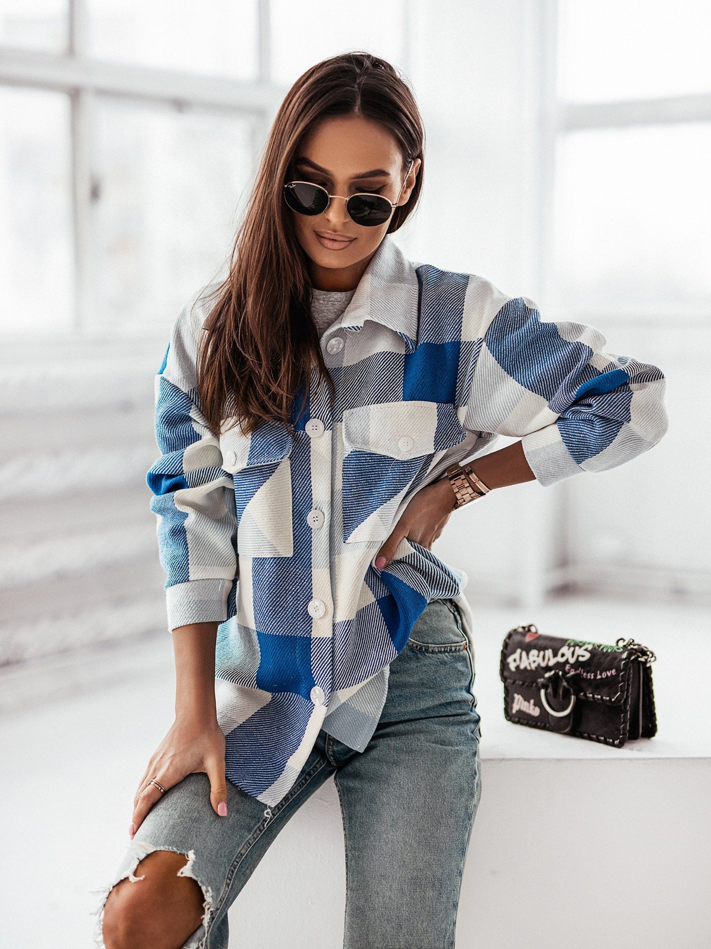 Women's Brushed Woolen Plaid Coat