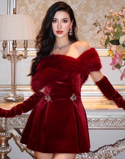 Women's Off-the-shoulder Plush Dress