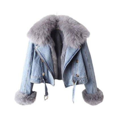 Detachable Fox Fur Liner Denim Coat