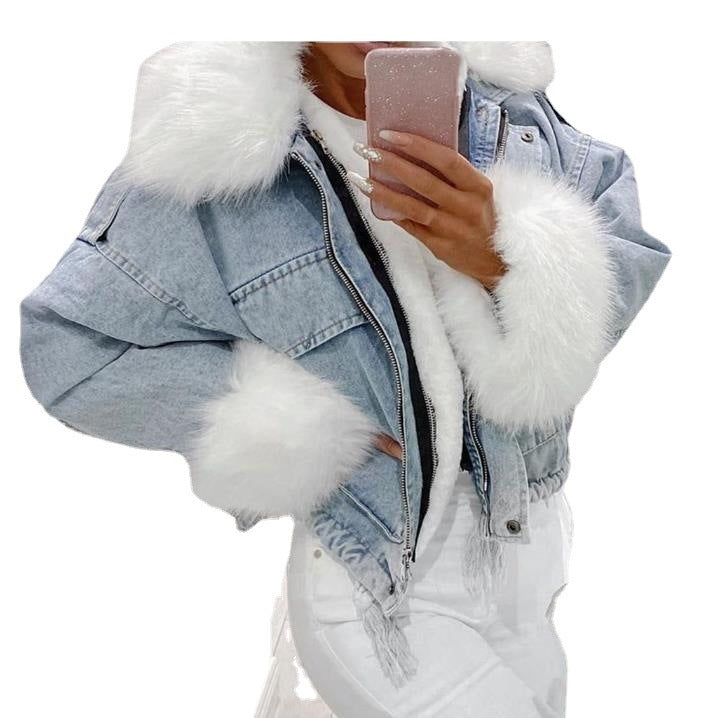 Stone Washed Denim Jacket w/ Integrated Fur