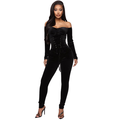 Velvet Off-the-shoulder Fitted Jumpsuit