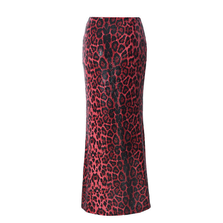 Leopard Print Sequin Stretch Skirt